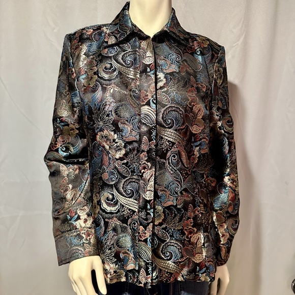 Black Satin Asian Style Blazer Jacket Size Medium - Picture 1 of 6